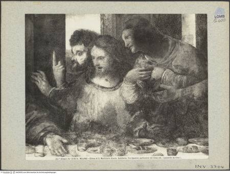 Vorderseite von Alinari [https://www.deutsche-digitale-bibliothek.de/content/lizenzen/rv-ez/] Das Abendmahl - Detail: Thomas, Jakobus der Ältere und Philipp, bh028305_recto. Foto.