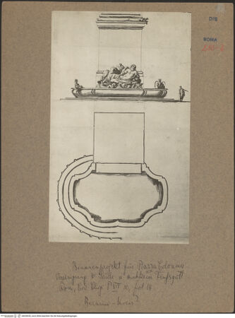 Vorderseite von unbekannt [http://creativecommons.org/publicdomain/mark/1.0/] Codex Chigi P VII.10Entwurf für eine Neuaufstellung des Marforio auf der Piazza Colonna  - Gesamtansicht, bh028342_recto. Foto.