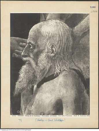 Vorderseite von Alinari [https://www.deutsche-digitale-bibliothek.de/content/lizenzen/rv-ez/] Die Kreuzlegende, Propheten und HeiligenRechte WandPflanzung des Kreuzesbaums auf Adams Grab - Tod Adams, Detail, bh028932_recto. Foto.