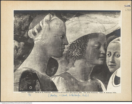 Vorderseite von Alinari [https://www.deutsche-digitale-bibliothek.de/content/lizenzen/rv-ez/] Die Kreuzlegende, Propheten und HeiligenRechte WandDie Königin von Saba und das Kreuzesholz - Die Königin von Saba in Anbetung des Kreuzholzes, Detail, bh028940_recto. Foto.