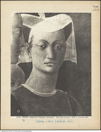 Vorderseite von Alinari [https://www.deutsche-digitale-bibliothek.de/content/lizenzen/rv-ez/] Die Kreuzlegende, Propheten und HeiligenRechte WandDie Königin von Saba und das Kreuzesholz - Die Königin von Saba in Anbetung des Kreuzholzes, Detail, bh028941_recto. Foto.