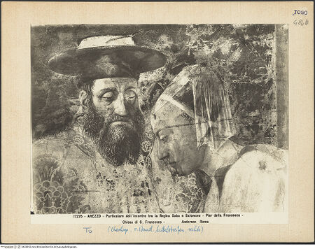 Vorderseite von Alinari [https://www.deutsche-digitale-bibliothek.de/content/lizenzen/rv-ez/] Die Kreuzlegende, Propheten und HeiligenRechte WandDie Königin von Saba und das Kreuzesholz - Salomo und die Königin von Saba, Detail, bh028942_recto. Foto.