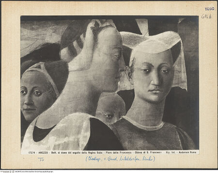 Vorderseite von Alinari [https://www.deutsche-digitale-bibliothek.de/content/lizenzen/rv-ez/] Die Kreuzlegende, Propheten und HeiligenRechte WandDie Königin von Saba und das Kreuzesholz - Die Königin von Saba in Anbetung des Kreuzholzes, Detail, bh028943_recto. Foto.