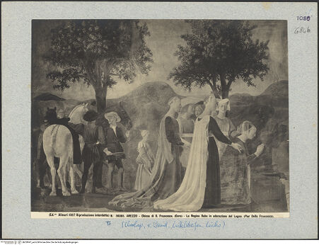 Vorderseite von Alinari [https://www.deutsche-digitale-bibliothek.de/content/lizenzen/rv-ez/] Die Kreuzlegende, Propheten und HeiligenRechte WandDie Königin von Saba und das Kreuzesholz - Die Königin von Saba in Anbetung des Kreuzholzes, bh028947_recto. Foto.