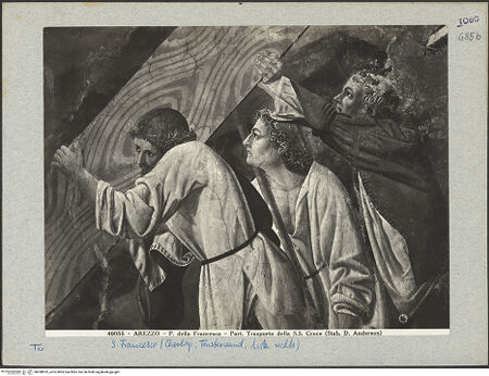 Vorderseite von Alinari [https://www.deutsche-digitale-bibliothek.de/content/lizenzen/rv-ez/] Die Kreuzlegende, Propheten und HeiligenStirnwandTransport des Holzes - Detail, bh028952_recto. Foto.