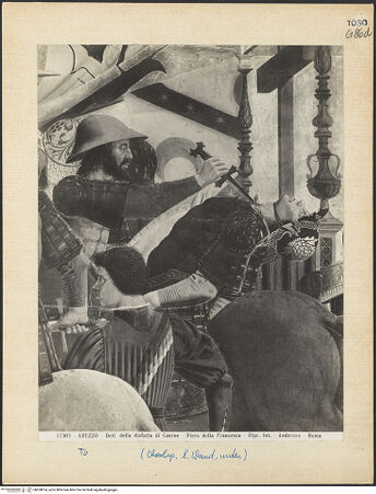 Vorderseite von Alinari [https://www.deutsche-digitale-bibliothek.de/content/lizenzen/rv-ez/] Die Kreuzlegende, Propheten und HeiligenLinke WandDer Sieg Heraclius über Chosroes - Der Kampf, Detail (rechte Seite), bh028974_recto. Foto.