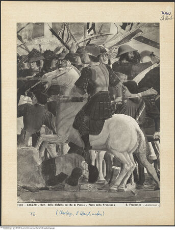 Vorderseite von Alinari [https://www.deutsche-digitale-bibliothek.de/content/lizenzen/rv-ez/] Die Kreuzlegende, Propheten und HeiligenLinke WandDer Sieg Heraclius über Chosroes - Der Kampf, Detail (rechte Seite), bh028976_recto. Foto.