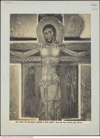Vorderseite von Alinari [https://www.deutsche-digitale-bibliothek.de/content/lizenzen/rv-ez/] Kruzifix (Christus Triumphans) mit Maria und Johannes dem Evangelisten; Verleugnung des Petrus - Detail (vor der Restaurierung), bh029061_recto. Foto.