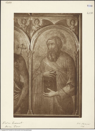 Vorderseite von Sansoni [https://www.deutsche-digitale-bibliothek.de/content/lizenzen/rv-ez/] Madonna in Halbfigur zwischen Johannes dem Evangelisten, dem Heiligen Donatus, Johannes dem Täufer und dem Evangelisten Matthäus, die Verkündigung und Himmelfahrt Mariens und weitere Heilige und ProphetenDer Evangelist Matthäus - Gesamtansicht (vor der Restaurierung), bh029065_recto. Foto.