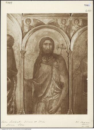 Vorderseite von Sansoni [https://www.deutsche-digitale-bibliothek.de/content/lizenzen/rv-ez/] Madonna in Halbfigur zwischen Johannes dem Evangelisten, dem Heiligen Donatus, Johannes dem Täufer und dem Evangelisten Matthäus, die Verkündigung und Himmelfahrt Mariens und weitere Heilige und ProphetenDer heilige Johannes der Täufer - Gesamtansicht (vor der Restaurierung), bh029067_recto. Foto.