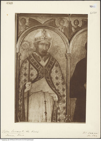 Vorderseite von Sansoni [https://www.deutsche-digitale-bibliothek.de/content/lizenzen/rv-ez/] Madonna in Halbfigur zwischen Johannes dem Evangelisten, dem Heiligen Donatus, Johannes dem Täufer und dem Evangelisten Matthäus, die Verkündigung und Himmelfahrt Mariens und weitere Heilige und ProphetenDer heilige Donatus - Gesamtansicht (vor der Restaurierung), bh029068_recto. Foto.