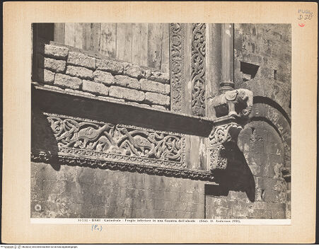 Vorderseite von Alinari [https://www.deutsche-digitale-bibliothek.de/content/lizenzen/rv-ez/] Fenster der Hauptapsis - Detail: Relief mit Pfauen und Konsole mit Elefant, bh030202_recto. Foto.