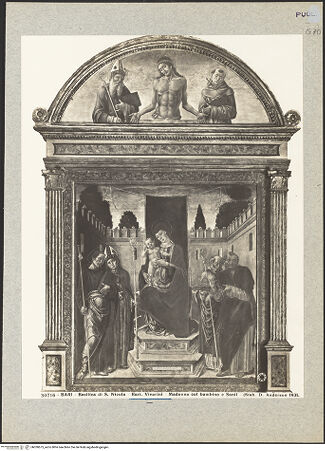 Vorderseite von Alinari [https://www.deutsche-digitale-bibliothek.de/content/lizenzen/rv-ez/] Madonna zwischen den heiligen Jakobus, Ludwig von Toulouse, Nikolaus und Markus; Christus als Schmerzensmann zwischen den heiligen Gregorius und Franziskus - Gesamtansicht von Südwesten, bh030675_recto. Foto.