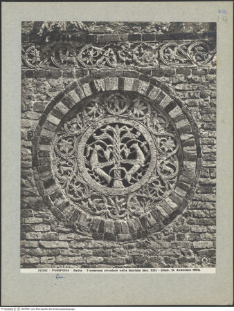 Vorderseite von Alinari [https://www.deutsche-digitale-bibliothek.de/content/lizenzen/rv-ez/] Dekoration der fassade des AtriumsTieren; Unterer Fries mit Tieren; Oculus mit Lebensbaum und Greifen; römische Büste und Inschrift (linke Seite) - Oculus mit Lebensbaum und Greifen (nach der Restaurierung), bh035567_recto. Foto.