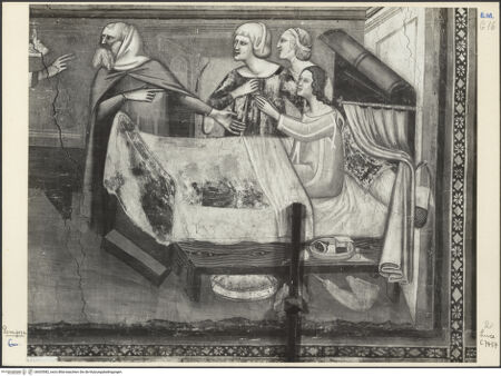 Vorderseite von ICCD [https://www.deutsche-digitale-bibliothek.de/content/lizenzen/rv-ez/] Szenen aus dem Neuen TestamentSüdwand, Bildfeld 8: die Erweckung der Tochter des Jairus - Detail, bh035582_recto. Foto.