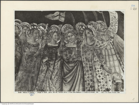 Vorderseite von Alinari [https://www.deutsche-digitale-bibliothek.de/content/lizenzen/rv-ez/] Zyklus: Verkündigung, Majestas Domini, Heiligen, Evangelisten, Kirchenväter und Szenen aus dem Leben des heiligen EustachiusMajestas Domini (Konche) - Detail: Maria, Abt Andrea und heiligen links, bh035595_recto. Foto.