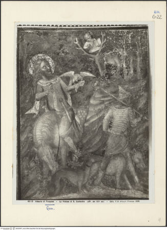 Vorderseite von Alinari [https://www.deutsche-digitale-bibliothek.de/content/lizenzen/rv-ez/] Zyklus: Verkündigung, Majestas Domini, Heiligen, Evangelisten, Kirchenväter und Szenen aus dem Leben des heiligen EustachiusSzenen aus dem Leben des heiligen Eustachius (unteres Register)Bekehrung des heiligen Eustachius (unteres Register, 1) - Gesamtansicht, bh035597_recto. Foto.