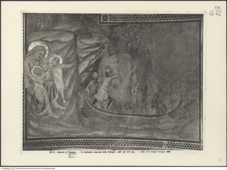 Vorderseite von Alinari [https://www.deutsche-digitale-bibliothek.de/content/lizenzen/rv-ez/] Zyklus: Verkündigung, Majestas Domini, Heiligen, Evangelisten, Kirchenväter und Szenen aus dem Leben des heiligen EustachiusSzenen aus dem Leben des heiligen Eustachius (unteres Register)Die Seereise des heiligen Eustachius und seiner Familie - der Kapitän des Schiffs behält Theospita (oder Theopista - Ehefrau des Eustasius) als Fährlohn (unteres Register, 3) - Gesamtansicht, bh035598_recto. Foto.