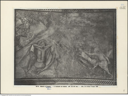 Vorderseite von Alinari [https://www.deutsche-digitale-bibliothek.de/content/lizenzen/rv-ez/] Zyklus: Verkündigung, Majestas Domini, Heiligen, Evangelisten, Kirchenväter und Szenen aus dem Leben des heiligen EustachiusSzenen aus dem Leben des heiligen Eustachius (unteres Register)Als der heilige Eustachius einen Fluß überquert, werden seine beiden Söhne von einem Löwen und einem Wolf geraubt (unteres Register, 4) - Gesamtansicht, bh035599_recto. Foto.