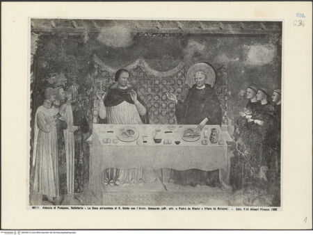 Vorderseite von Alinari [https://www.deutsche-digitale-bibliothek.de/content/lizenzen/rv-ez/] Thronender Christus mit Maria und Heiligen, das Abendmahl, das Guido-Wunder, Christus am ÖlbergOstwand: Christus zwischen Maria, Johannes dem Täufer und die Heiligen Benedikt und Guido; das Abendmahl; das Guido-WunderOstwand, rechtes Feld: das Guido-Wunder - Gesamtansicht, bh035614_recto. Foto.