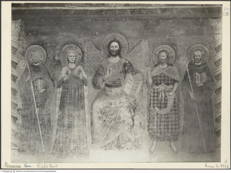 Vorderseite von ICCD [https://www.deutsche-digitale-bibliothek.de/content/lizenzen/rv-ez/] Thronender Christus mit Maria und Heiligen, das Abendmahl, das Guido-Wunder, Christus am ÖlbergOstwand: Christus zwischen Maria, Johannes dem Täufer und die Heiligen Benedikt und Guido; das Abendmahl; das Guido-WunderOstwand, Mittelfeld: Christus zwischen Maria, Johannes dem Täufer und die Heiligen Benedikt und Guido - Gesamtansicht, bh035616_recto. Foto.