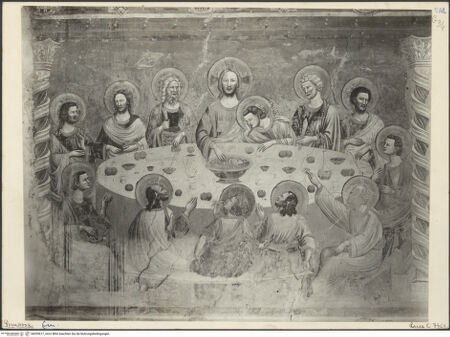 Vorderseite von ICCD [https://www.deutsche-digitale-bibliothek.de/content/lizenzen/rv-ez/] Thronender Christus mit Maria und Heiligen, das Abendmahl, das Guido-Wunder, Christus am ÖlbergOstwand: Christus zwischen Maria, Johannes dem Täufer und die Heiligen Benedikt und Guido; das Abendmahl; das Guido-WunderOstwand, linkes Feld: das Abendmahl - Gesamtansicht, bh035617_recto. Foto.