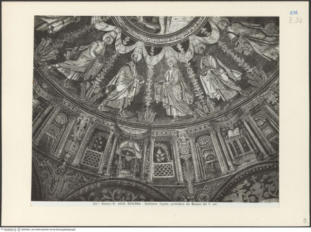 Vorderseite von Alinari [https://www.deutsche-digitale-bibliothek.de/content/lizenzen/rv-ez/] Mosaikdekoration der Kuppel, der Pendentifs und der Sockelzone - Teilansicht der Kuppel, zweites Register (Apostel) und drittes Register (Thronen und Altären), bh035667_recto. Foto.