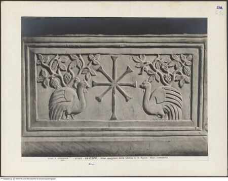 Vorderseite von Alinari [https://www.deutsche-digitale-bibliothek.de/content/lizenzen/rv-ez/] Platte mit Chrismon, Pfauen und Weinstock, montiert als Antependium des Hochaltars - Gesamtansicht, bh035706_recto. Foto.