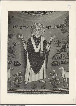 Vorderseite von Alinari [https://www.deutsche-digitale-bibliothek.de/content/lizenzen/rv-ez/] ApsismosaikMosaik der Apsiskalotte: die Transfiguration und der Heilige Apollinaris zwischen zwölf Lämmern - Detail, der Heilige Apollinaris, bh035717_recto. Foto.
