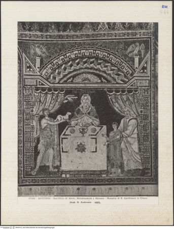 Vorderseite von Alinari [https://www.deutsche-digitale-bibliothek.de/content/lizenzen/rv-ez/] ApsismosaikMosaik der Apsiswand: Kaiser Konstantin IV. Pogonatus übergibt die Privilegien der Kirche von Ravenna an Reparatus, den Boten von Erzbischof Maurus; die Bischöfe Ecclesius, Severus, Ursus und Ursicinus; die Opfergaben von Abel, Melchisedek und Abraham - Die Opfergaben von Abel, Melchisedek und Abraham, bh035722_recto. Foto.