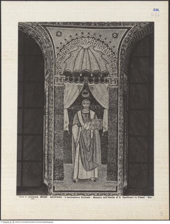 Vorderseite von Alinari [https://www.deutsche-digitale-bibliothek.de/content/lizenzen/rv-ez/] ApsismosaikMosaik der Apsiswand: Kaiser Konstantin IV. Pogonatus übergibt die Privilegien der Kirche von Ravenna an Reparatus, den Boten von Erzbischof Maurus; die Bischöfe Ecclesius, Severus, Ursus und Ursicinus; die Opfergaben von Abel, Melchisedek und Abraham - Bischof Ecclesius, bh035723_recto. Foto.