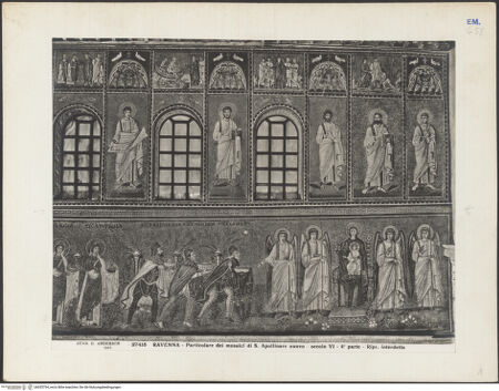 Vorderseite von Alinari [https://www.deutsche-digitale-bibliothek.de/content/lizenzen/rv-ez/] Mosaiken im LanghausEvangelienseite mit weiblichen Heiligen - Detail, bh035754_recto. Foto.