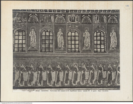 Vorderseite von Alinari [https://www.deutsche-digitale-bibliothek.de/content/lizenzen/rv-ez/] Mosaiken im LanghausEvangelienseite mit weiblichen Heiligen - Detail, bh035756_recto. Foto.