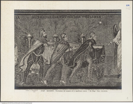 Vorderseite von Alinari [https://www.deutsche-digitale-bibliothek.de/content/lizenzen/rv-ez/] Mosaiken im LanghausEvangelienseite mit weiblichen HeiligenAnbetung der Könige - Detail, die Heiligen Drei Könige, bh035768_recto. Foto.