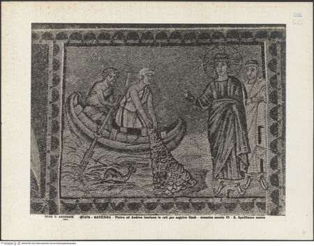 Vorderseite von Alinari [https://www.deutsche-digitale-bibliothek.de/content/lizenzen/rv-ez/] Mosaiken im LanghausEvangelienseite mit weiblichen HeiligenSzenen aus dem Leben Christi: die Berufung von Petrus und Andrea - Gesamtansicht, bh035780_recto. Foto.