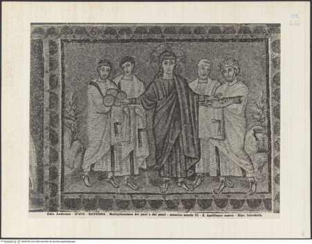 Vorderseite von Alinari [https://www.deutsche-digitale-bibliothek.de/content/lizenzen/rv-ez/] Mosaiken im LanghausEvangelienseite mit weiblichen HeiligenSzenen aus dem Leben Christi: die Vermehrung von Brot und Fisch - Gesamtansicht, bh035782_recto. Foto.