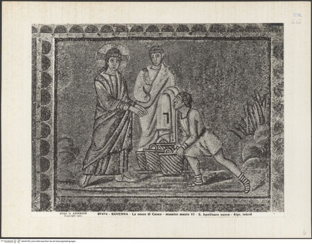 Vorderseite von Alinari [https://www.deutsche-digitale-bibliothek.de/content/lizenzen/rv-ez/] Mosaiken im LanghausEvangelienseite mit weiblichen HeiligenSzenen aus dem Leben Christi: die Hochzeit zu Kana - Gesamtansicht, bh035785_recto. Foto.