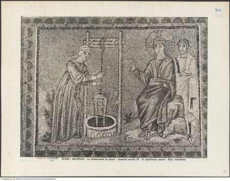 Vorderseite von Alinari [https://www.deutsche-digitale-bibliothek.de/content/lizenzen/rv-ez/] Mosaiken im LanghausEvangelienseite mit weiblichen HeiligenSzenen aus dem Leben Christi: Christus und die Samariterin am Brunnen - Gesamtansicht, bh035788_recto. Foto.