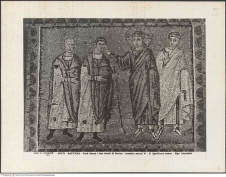 Vorderseite von Alinari [https://www.deutsche-digitale-bibliothek.de/content/lizenzen/rv-ez/] Mosaiken im LanghausEvangelienseite mit weiblichen HeiligenSzenen aus dem Leben Christi: die Heilung von zwei Blinden - Gesamtansicht, bh035790_recto. Foto.