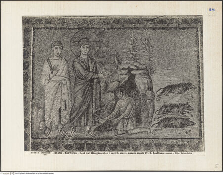 Vorderseite von Alinari [https://www.deutsche-digitale-bibliothek.de/content/lizenzen/rv-ez/] Mosaiken im LanghausEvangelienseite mit weiblichen HeiligenSzenen aus dem Leben Christi: die Heilung des Besessenen - Gesamtansicht, bh035793_recto. Foto.