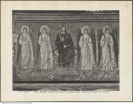 Vorderseite von Alinari [https://www.deutsche-digitale-bibliothek.de/content/lizenzen/rv-ez/] Mosaiken im LanghausEpistelseite mit männlichen HeiligenThronender Christus und Engel - Gesamtansicht, bh035807_recto. Foto.