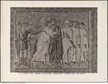 Vorderseite von Alinari [https://www.deutsche-digitale-bibliothek.de/content/lizenzen/rv-ez/] Mosaiken im LanghausEpistelseite mit männlichen HeiligenSzenen der Passion Christi: der Verrat des Judas - Gesamtansicht, bh035821_recto. Foto.