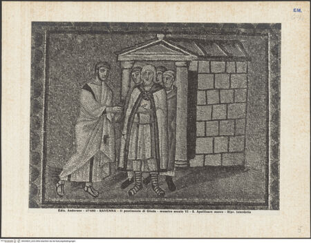 Vorderseite von Alinari [https://www.deutsche-digitale-bibliothek.de/content/lizenzen/rv-ez/] Mosaiken im LanghausEpistelseite mit männlichen HeiligenSzenen der Passion Christi: die Reue des Judas - Gesamtansicht, bh035825_recto. Foto.