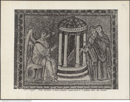 Vorderseite von Alinari [https://www.deutsche-digitale-bibliothek.de/content/lizenzen/rv-ez/] Mosaiken im LanghausEpistelseite mit männlichen HeiligenSzenen der Passion Christi: das leere Grab - Gesamtansicht, bh035827_recto. Foto.