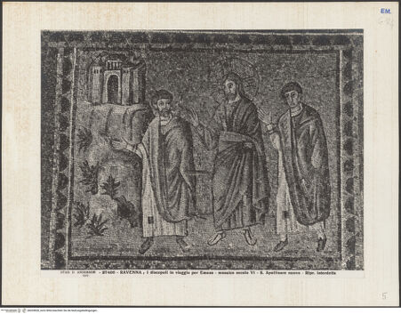 Vorderseite von Alinari [https://www.deutsche-digitale-bibliothek.de/content/lizenzen/rv-ez/] Mosaiken im LanghausEpistelseite mit männlichen HeiligenSzenen der Passion Christi: der Gang nach Emmaus - Gesamtansicht, bh035828_recto. Foto.