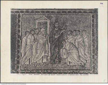 Vorderseite von Alinari [https://www.deutsche-digitale-bibliothek.de/content/lizenzen/rv-ez/] Mosaiken im LanghausEpistelseite mit männlichen HeiligenSzenen der Passion Christi: Christus erscheint abermals den Aposteln und zeigt Thomas seine Wunden - Gesamtansicht, bh035829_recto. Foto.