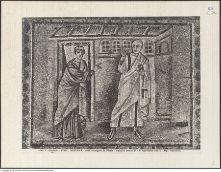 Vorderseite von Alinari [https://www.deutsche-digitale-bibliothek.de/content/lizenzen/rv-ez/] Mosaiken im LanghausEpistelseite mit männlichen HeiligenSzenen der Passion Christi: die Verleugnung von Petrus - Gesamtansicht, bh035831_recto. Foto.