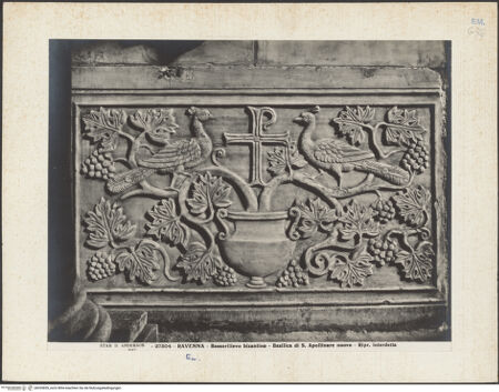 Vorderseite von Alinari [https://www.deutsche-digitale-bibliothek.de/content/lizenzen/rv-ez/] Platte einer Chorschranke mit Reben, Chrismon, Pfauen und Daniel in der Löwengrube - Vorderseite mit Reben, Chrismon und Pfauen, bh035839_recto. Foto.