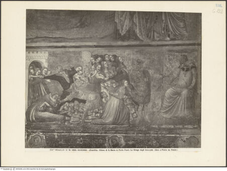 Vorderseite von Alinari [https://www.deutsche-digitale-bibliothek.de/content/lizenzen/rv-ez/] Jüngstes Gericht und Taten des Antichrists; Szenen aus dem Leben Marias; Szenen aus dem Leben ChristiSüdwand, unteres Register: der Kindermord - Teilansicht, bh036468_recto. Foto.