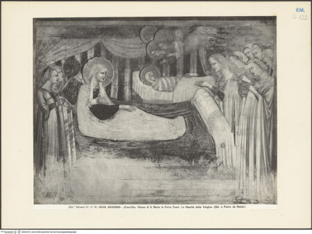 Vorderseite von Alinari [https://www.deutsche-digitale-bibliothek.de/content/lizenzen/rv-ez/] Jüngstes Gericht und Taten des Antichrists; Szenen aus dem Leben Marias; Szenen aus dem Leben ChristiNordwand, unteres Register: Mariä Geburt; die Darbringung Marias im Tempel - Mariä Geburt, bh036472_recto. Foto.